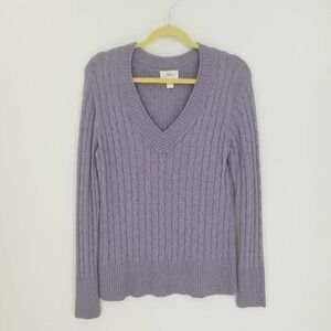 Loft Woven Wool & Rabbit Blend Cable Knit V-Neck Sweater Size Large Purple